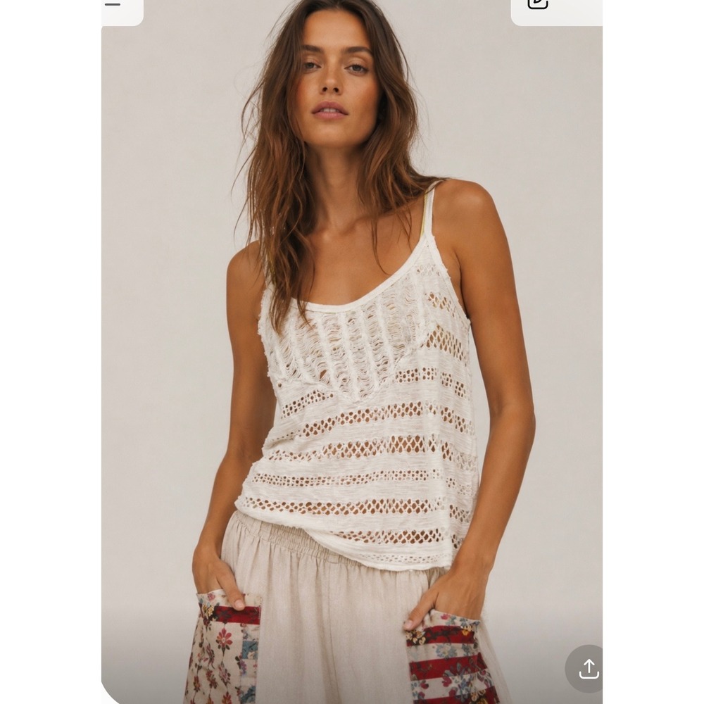 Free People We‎ The Free Ivory Crochet Knit Tank Top Distressed Boho Neon Medium